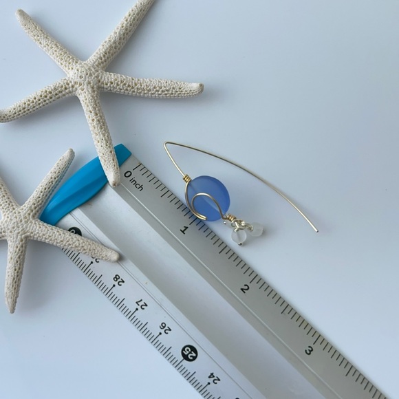 Island Wave on Full Moon Blue Sea Glass Wirework Ocean Earrings - Picture 4 of 4